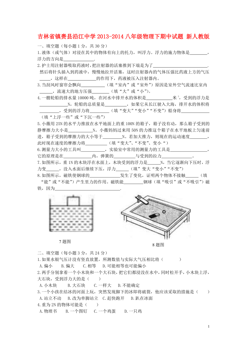 吉林省镇赉县沿江中学2013-2014八年级物理下期中试题 新人教版（有答案）