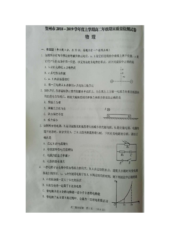 广西贺州市2018-2019学年高二上学期期末考试物理试卷（PDF版含答案）