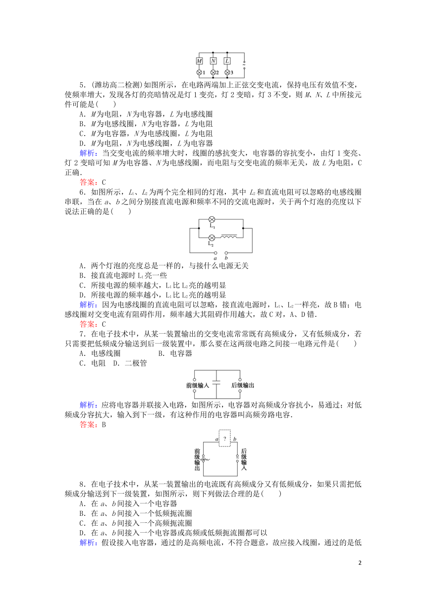 2018版高中物理课时作业十一电感和电容对交变电流的影响新人教版选修3_2