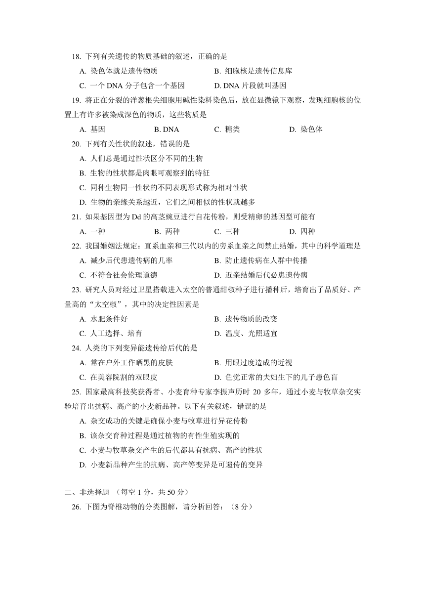 山东省泰安市泰山区2015-2016学年八年级（五四制）上学期期末考试生物试卷