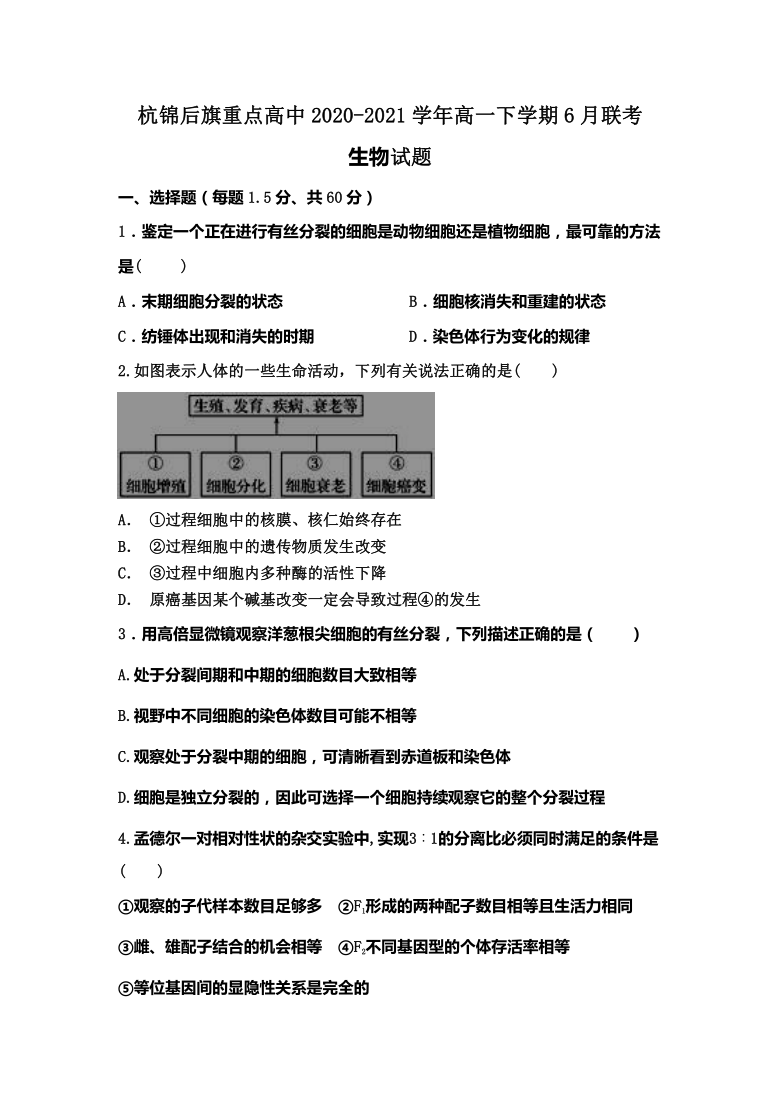 内蒙古巴彦淖尔市杭锦后旗重点高中2020-2021学年高一下学期6月联考生物试题 Word版含答案