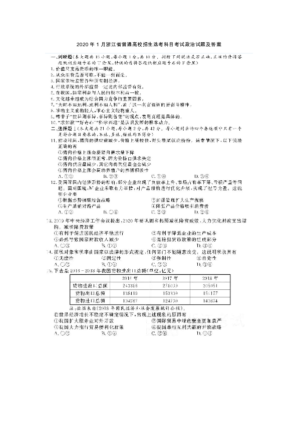 2020年1月浙江省普通高校招生选考科目考试政治试题及答案pdf版