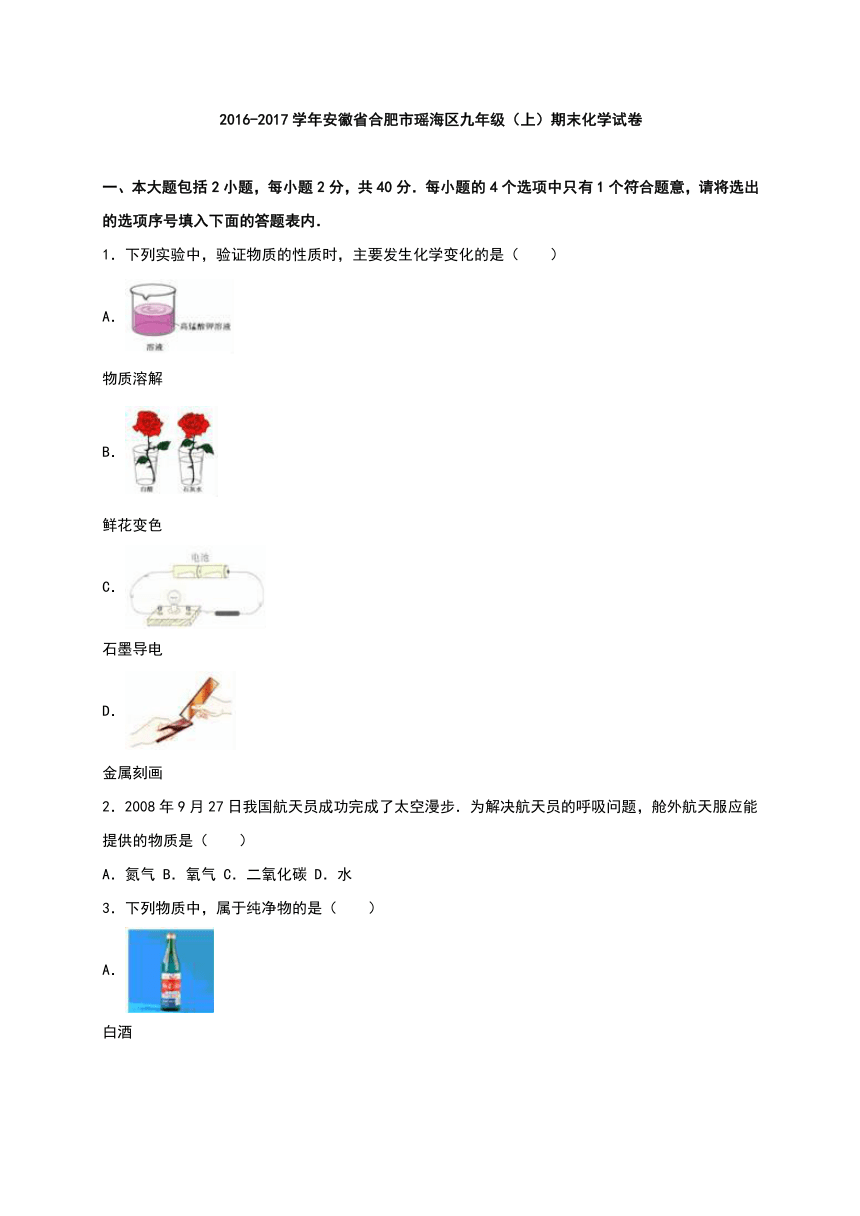 安徽省合肥市瑶海区2017届九年级（上）期末化学试卷（解析版）