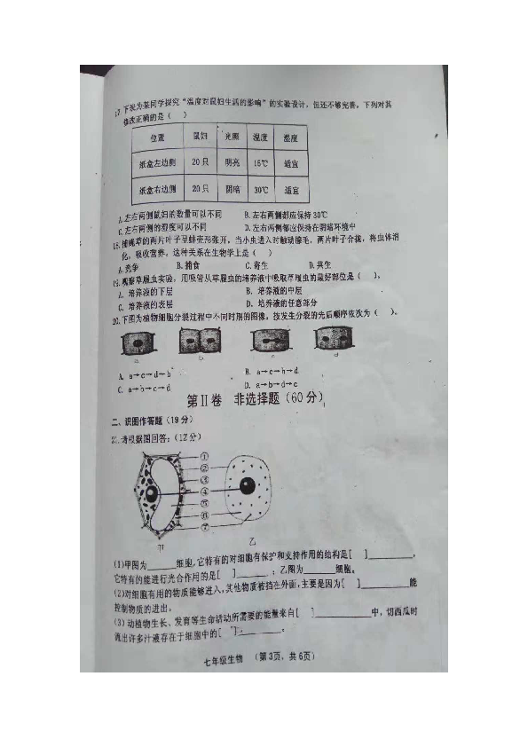 山西省晋中市灵石县2018-2019学年七年级期中考试生物试题（含答案）