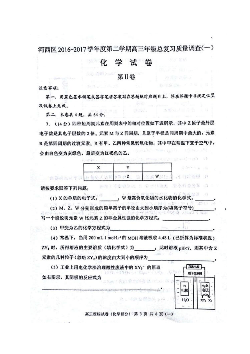 天津市河西区2017届高三（一模）总复习质量调查（一）化学试题 扫描版含答案