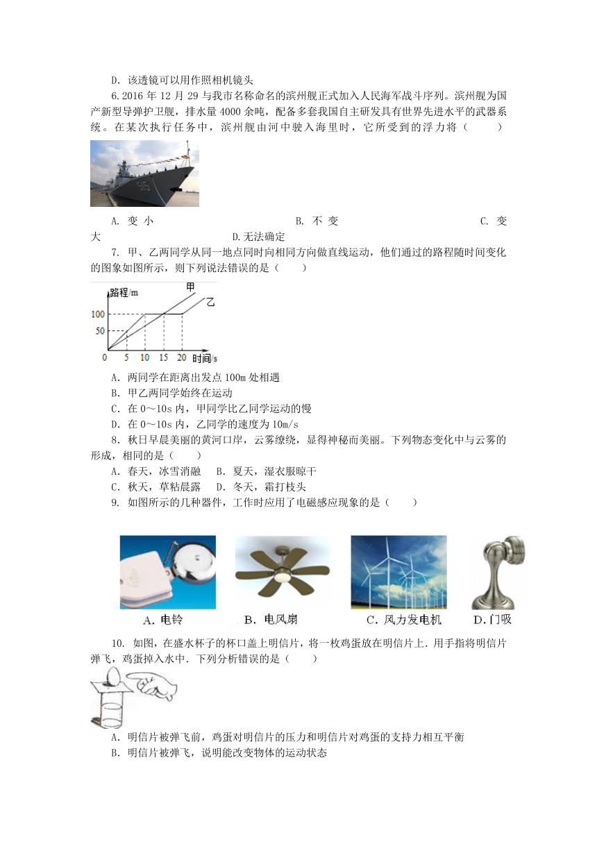 山东省潍坊市寿光2017年初中学生学业水平第二次模拟考试物理试题