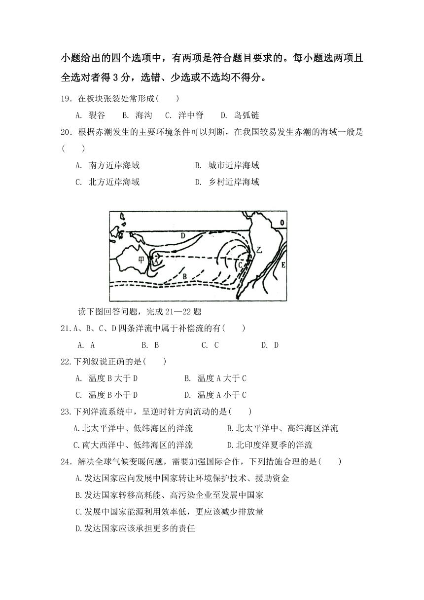 江苏省盐城市田家炳中学2017-2018学年高二下学期期中考试地理试题