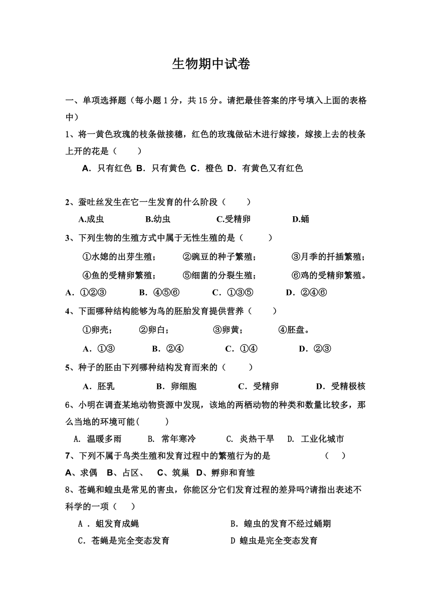 江西省抚州市崇仁二中2016-2017学年八年级下学期期中考试生物试卷