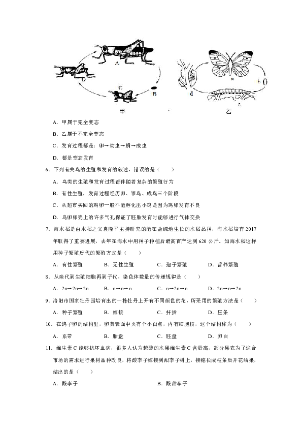 2018-2019学年广东省深圳市龙岗区八年级（下）期中生物试卷