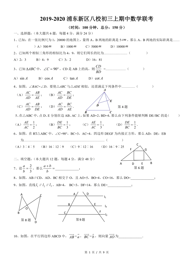 2019-2020浦东新区八校初三上册期中数学联考(word 版 含答案)