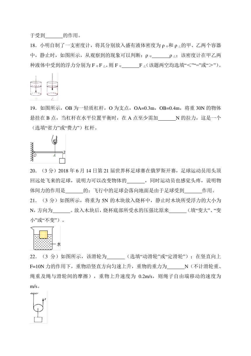 广西防城港市2017-2018学年八年级下学期期末考试物理试题（WORD版）