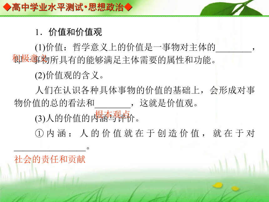 【金版学案】2013-2014高中政治 学业水平测试 能力提升课件（考点归纳+典型例题+基础训练）：必修四 第十二课 实现人生的价值