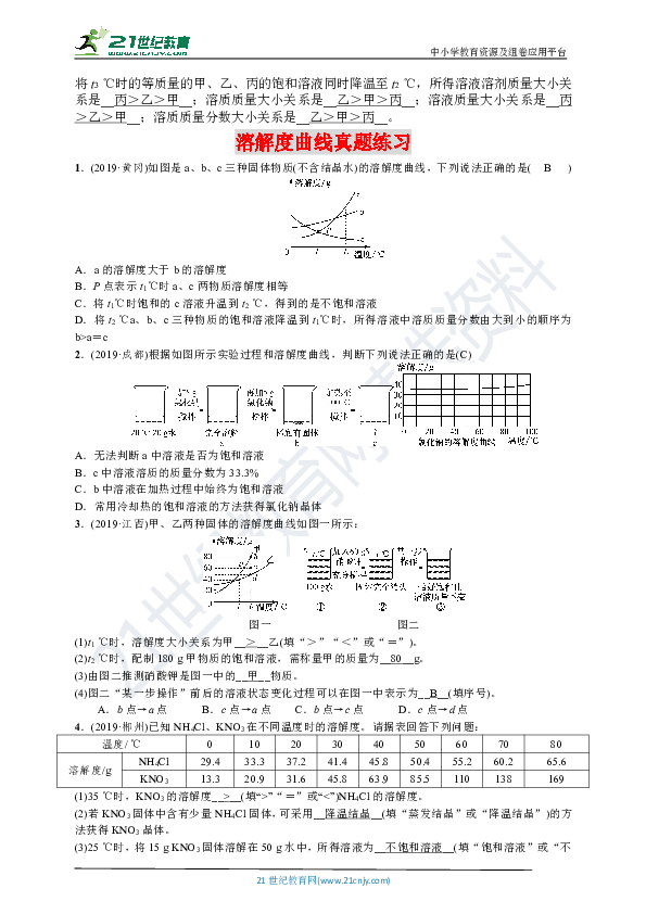 【备考2020】中考化学二轮复习专题1：溶解度曲线的应用（含答案）