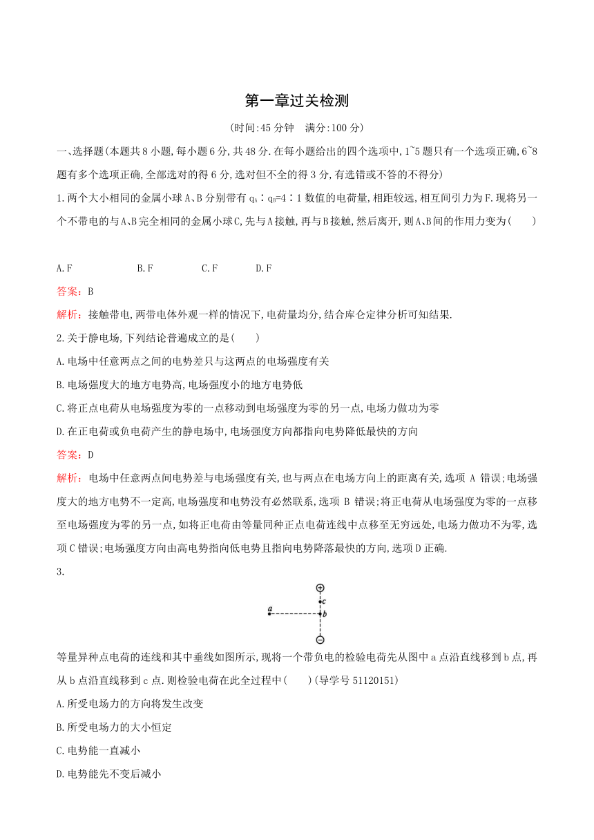粤教版物理选修3-1 第1章过关检测 电场