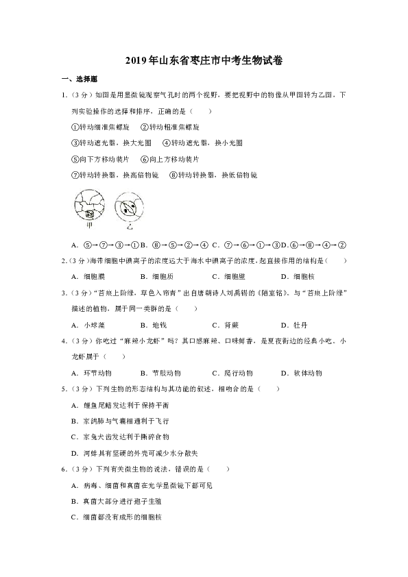 2019年山东省枣庄市中考生物试卷（Word版含解析）