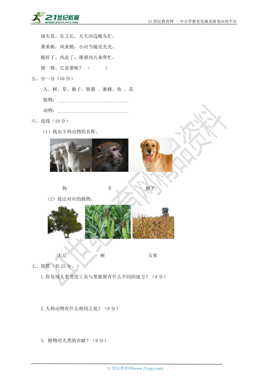 苏教版小学科学一年级下册第四单元 动物与植物 测试卷