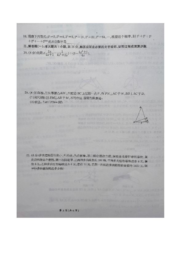 甘肃省庆阳市镇原县2018-2019学年第二学期九年级数学期中试卷（图片版，答案不清晰）