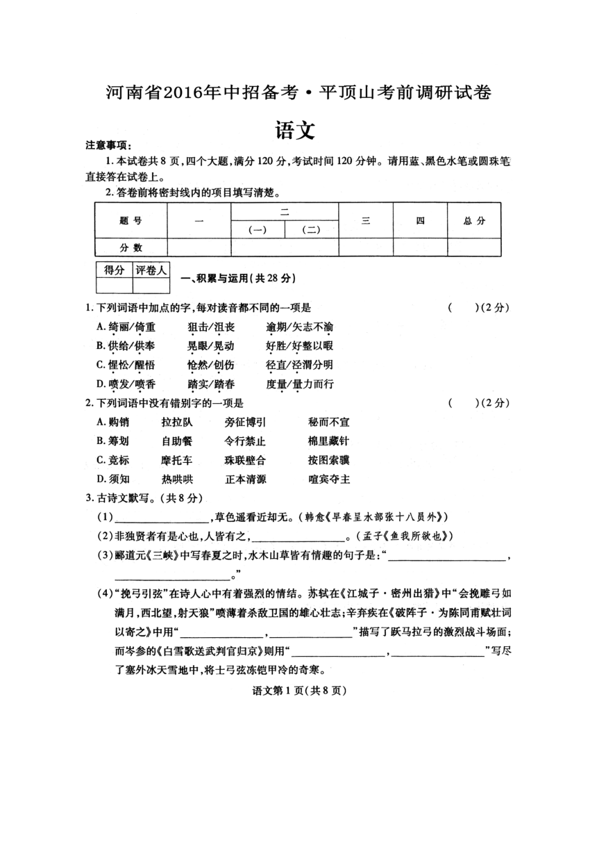 河南省平顶山市2016届九年级下学期考前调研考试语文试题