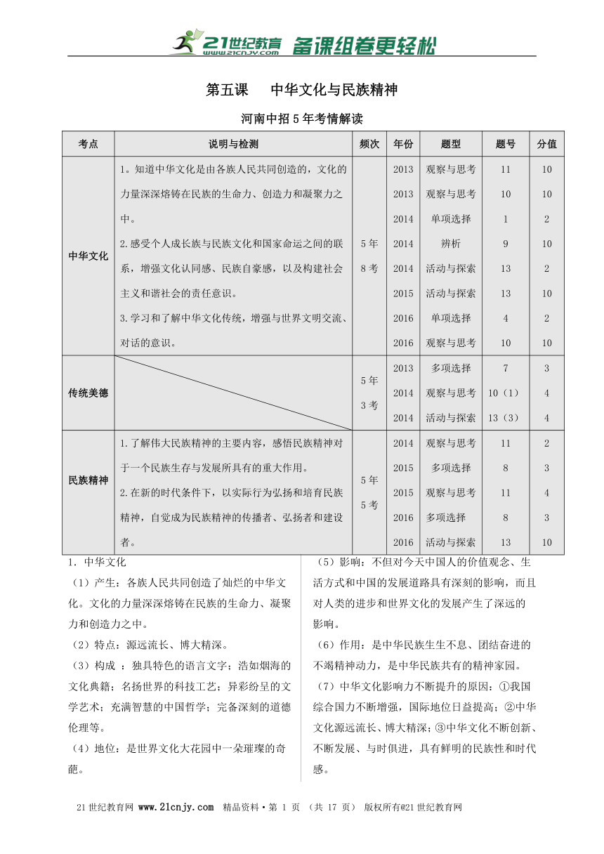 2017思想品德中考一轮复习知识体系和中考真题练习  第五课 中华文化和民族精神