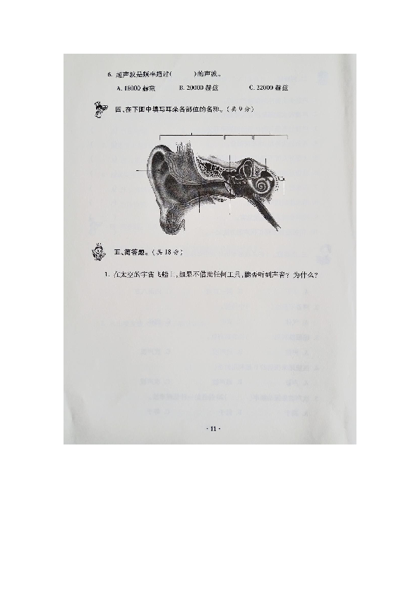 青岛版科学五年级上册第二单元声音的秘密测试卷（A）(图片版，含答案）