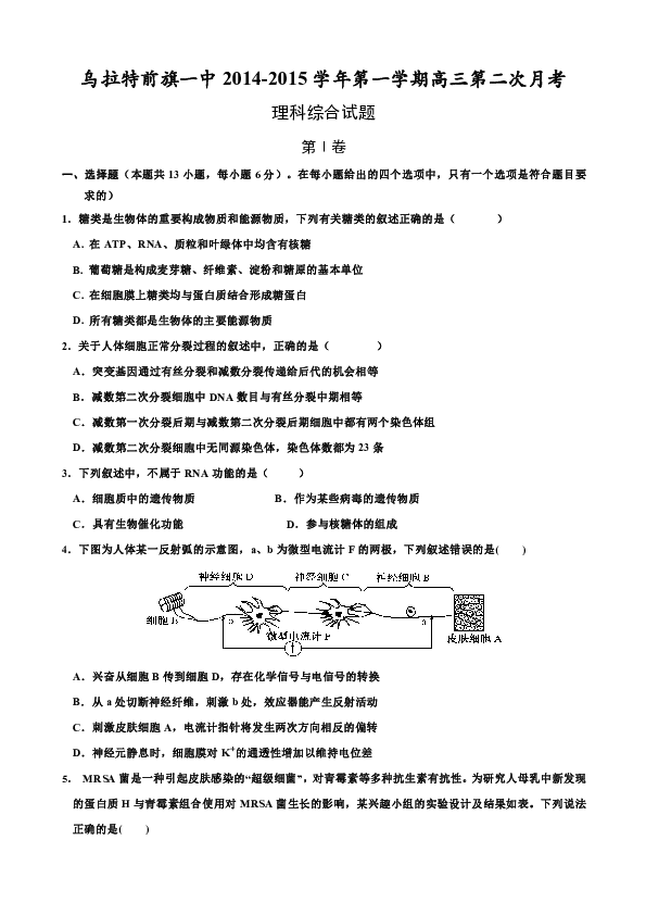 內蒙古烏拉特前旗一中2015屆高三上學期第二次月考理科綜合試題無答案