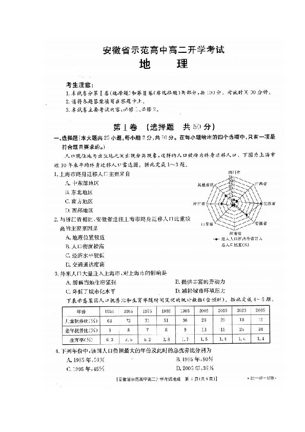 安徽省示范中学2019-2020学年高二上学期入学考试地理试题 扫描版含答案