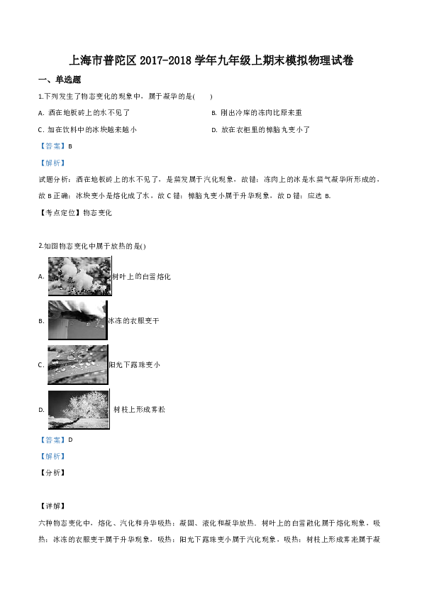 精品解析：上海市普陀区2018届九年级上期末模拟物理试题（解析版）