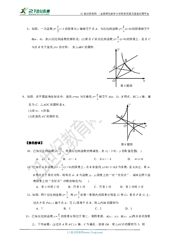 6.2.2 反比例函数的图象和性质(知识清单+经典例题+夯实基础+提优特训+中考链接）