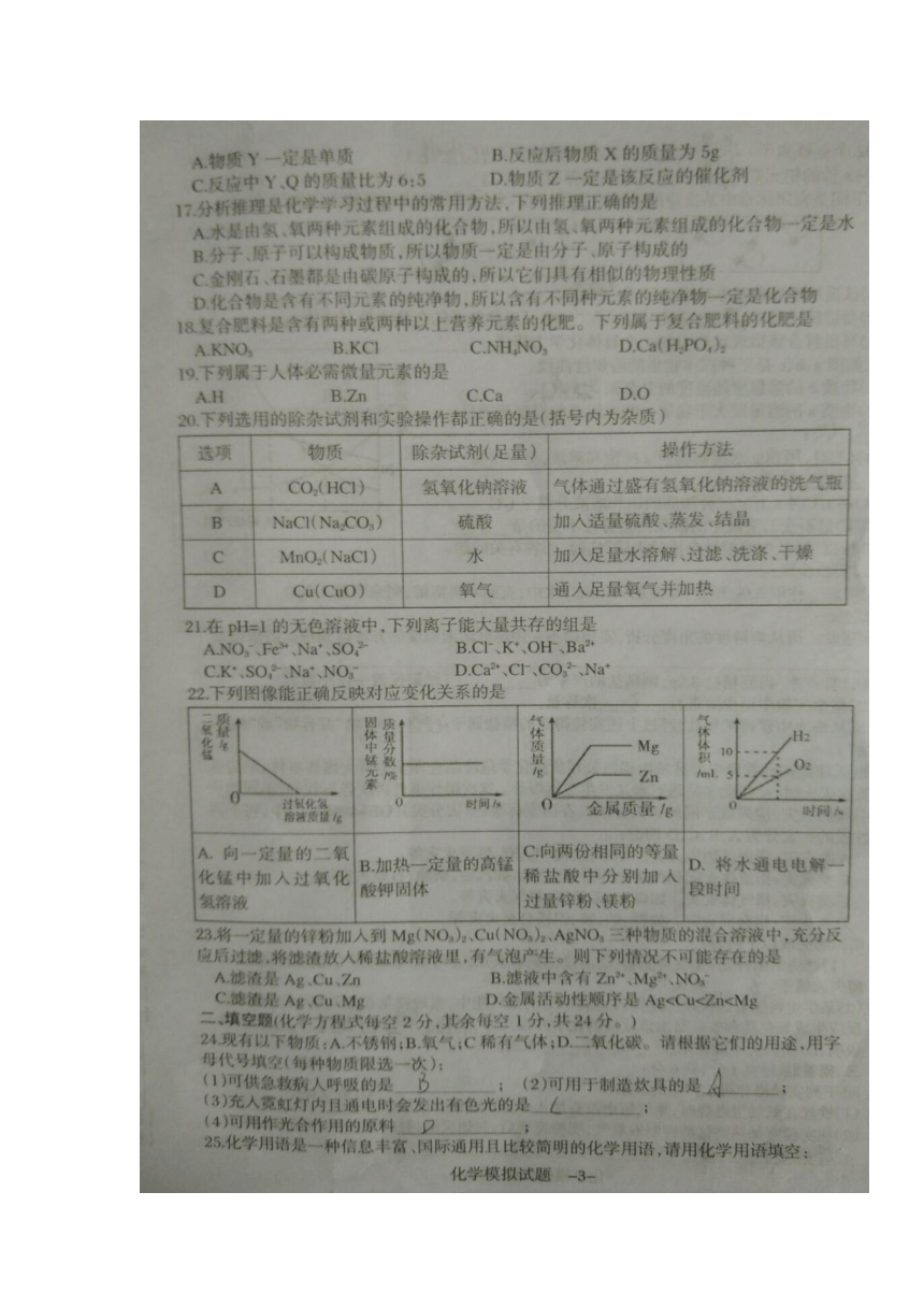 湖南省衡阳县2017届九年级化学毕业会考模拟（一模）试题（扫描版）