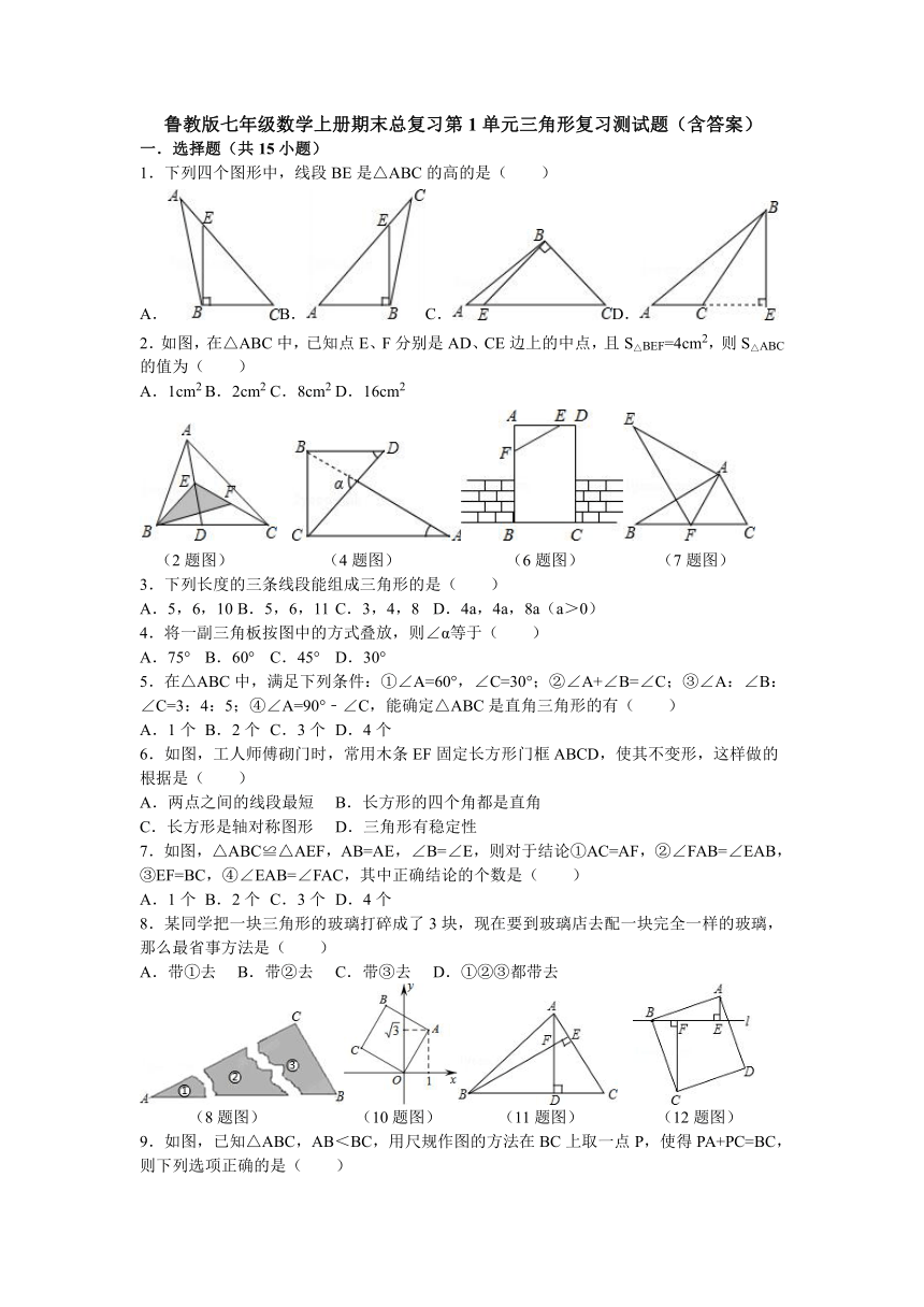 鲁教版七年级数学上册期末总复习第1章 三角形复习测试题（含答案）