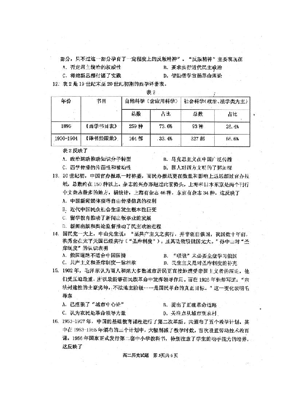 四川省雅安市2018-2019学年高二上学期期末考试历史试题 扫描版含答案
