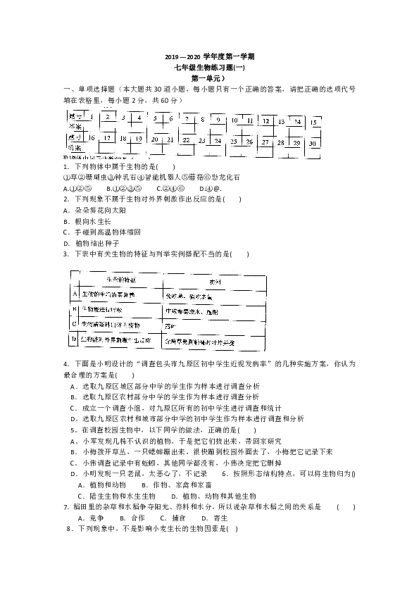 七年级生物练习题( 一)（有答案）