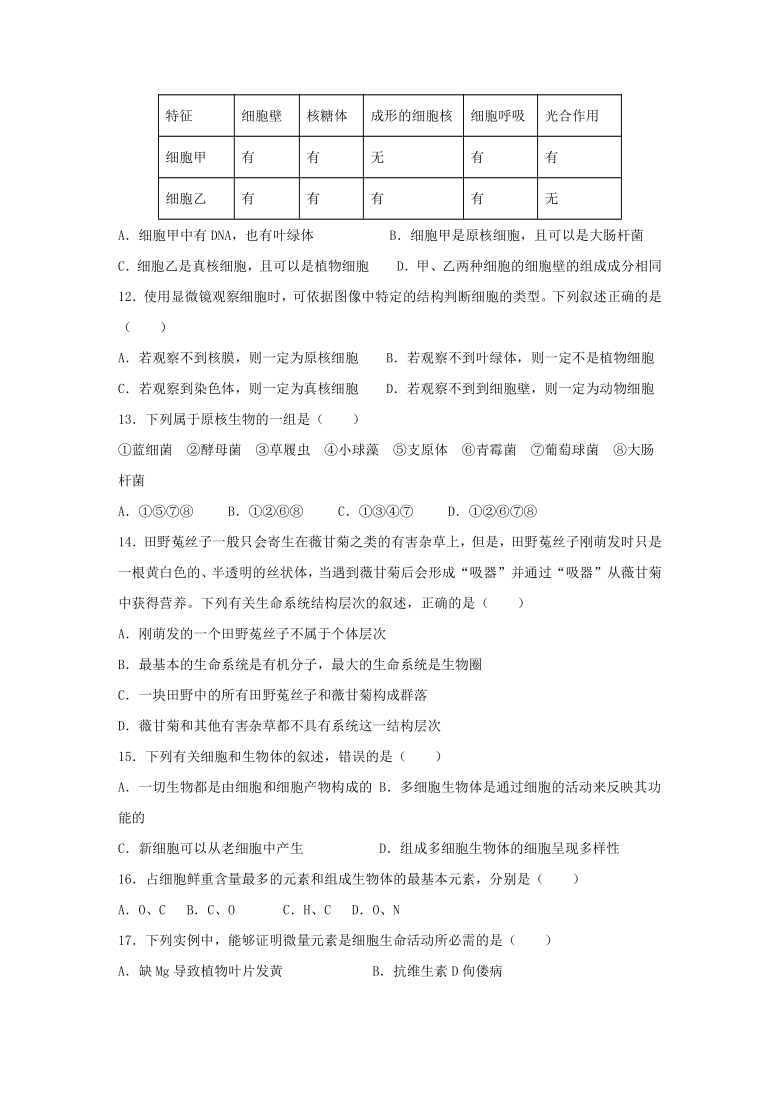 吉林省松原市油田第十一中学2020-2021学年高一上学期10月月考生物试卷