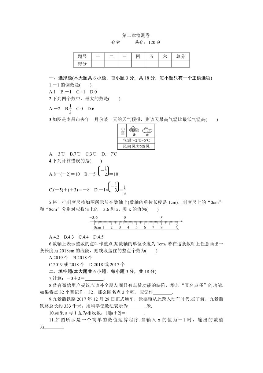 2018年秋（江西）北师大版七年级数学上第二章有理数及其运算检测卷（含答案）