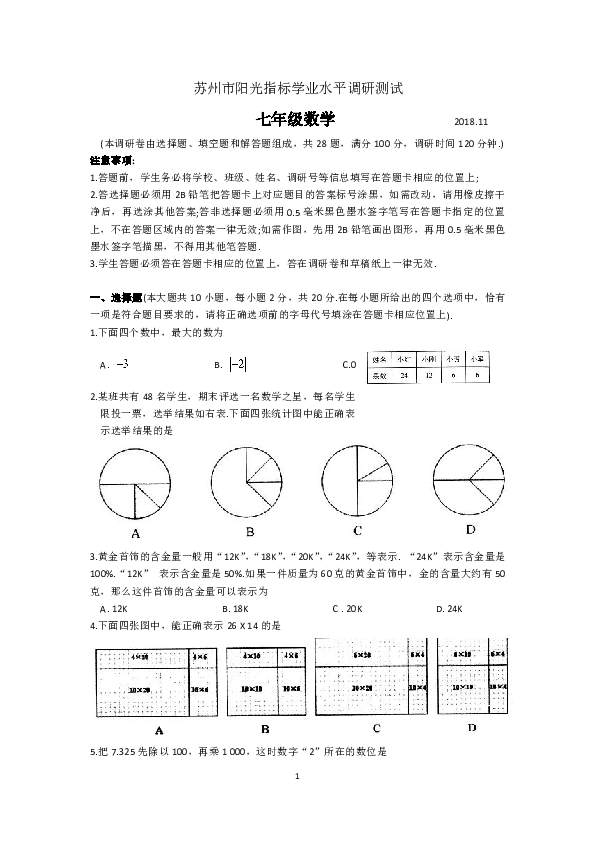江苏省苏州市2018-2019学年七年级上学期期中调研测试数学卷（含答案）