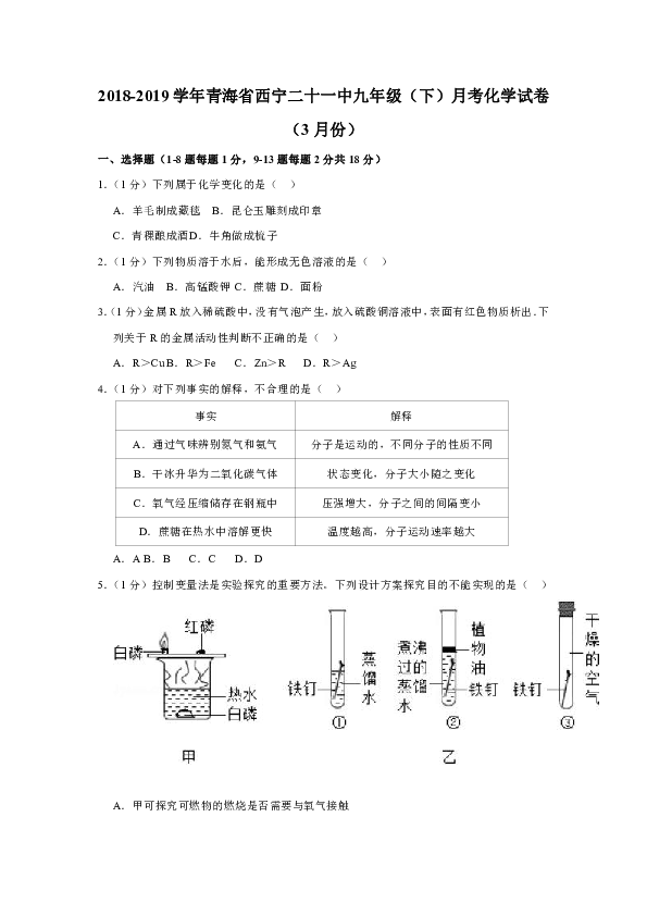 2018-2019学年青海省西宁二十一中九年级（下）月考化学试卷（3月份）（解析版）