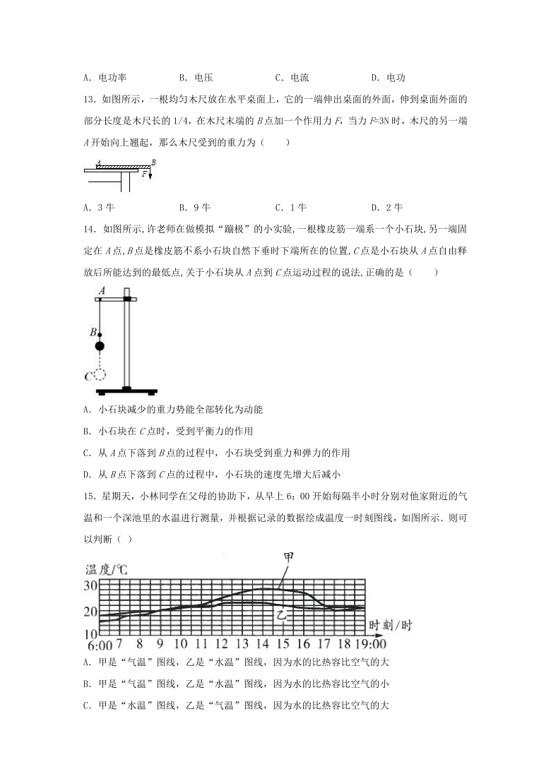 华东师大版科学九年级上册 期末复习练习题（含答案）