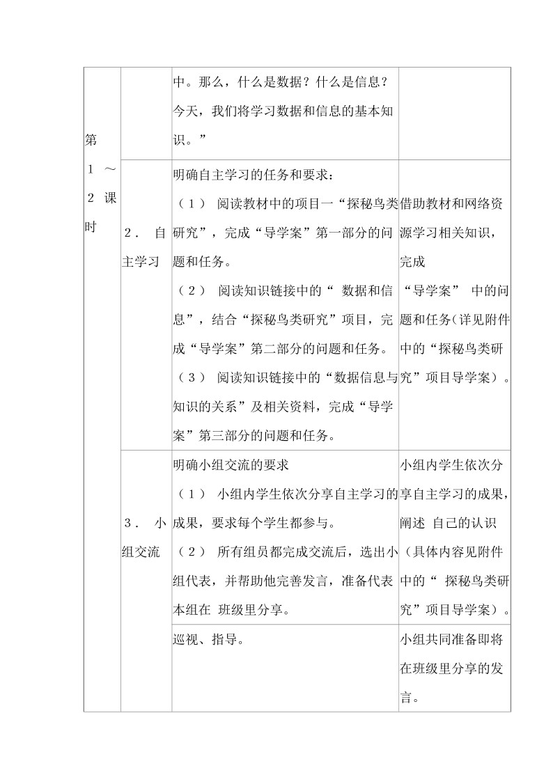 沪教版（2019）高中信息技术 必修1 项目一 探秘鸟类研究——认识数据、信息与知识 教案（3课时）不含附件