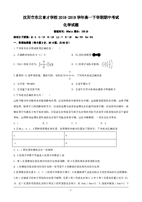 辽宁省沈阳市东北育才学校2018-2019学年高一下学期期中考试化学试题 Word版含解析