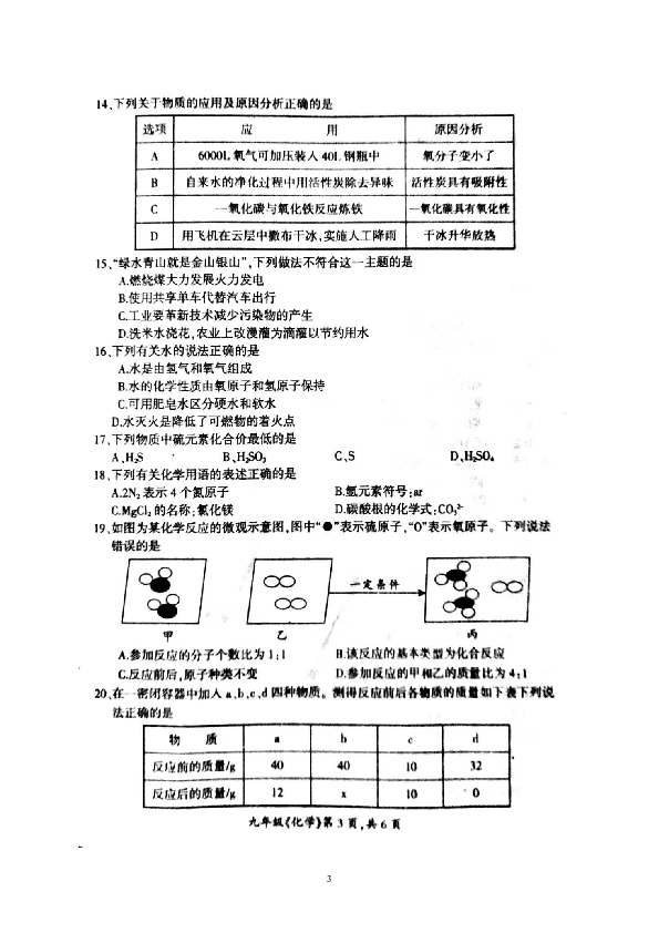 湖南省邵阳市邵阳县2019-2020学年第一学期九年级化学期末试题（扫描版，含答案）