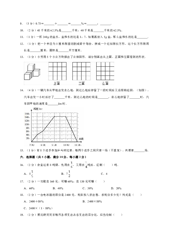 2019-2020学年人教版小学六年级数学（下）入学考试试卷2（有答案）