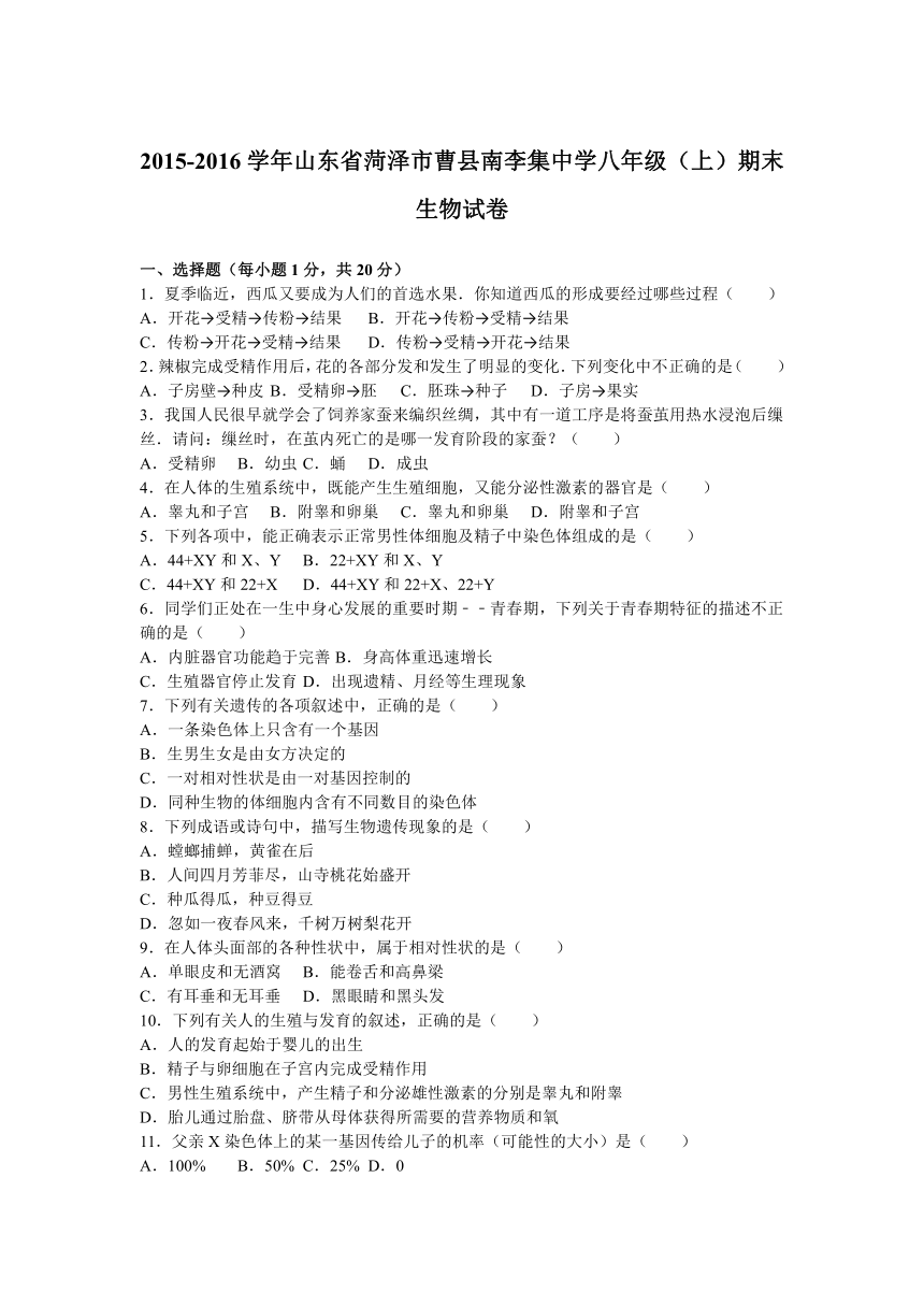 山东省菏泽市曹县南李集中学2015-2016学年上学期八年级（上）期末生物试卷（解析版）