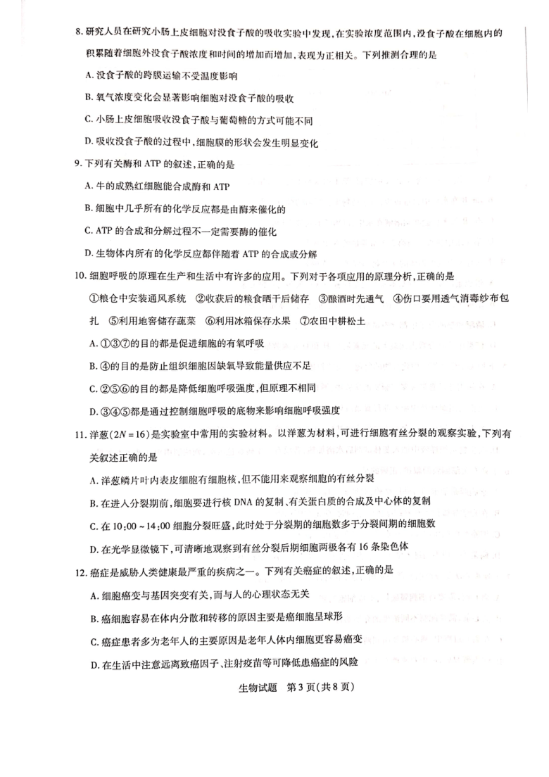 河南省2020-2021学年高中毕业班阶段性测试（二）生物 图片版（无答案）