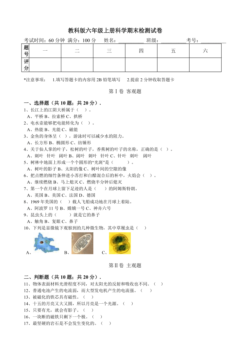 六上（教科版）科学试卷