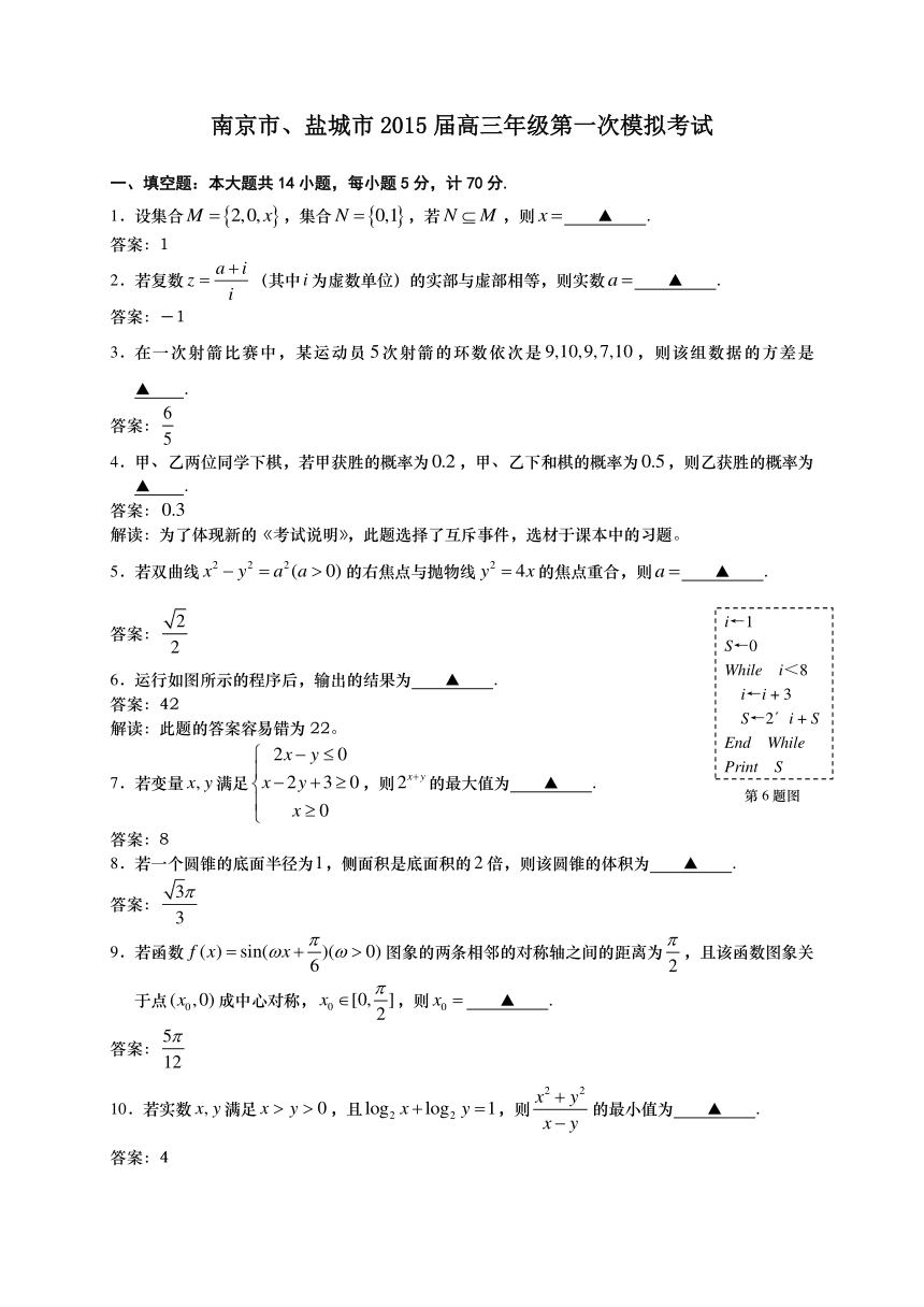 江苏省南京市、盐城市2015届高三第一次模拟考试 数学