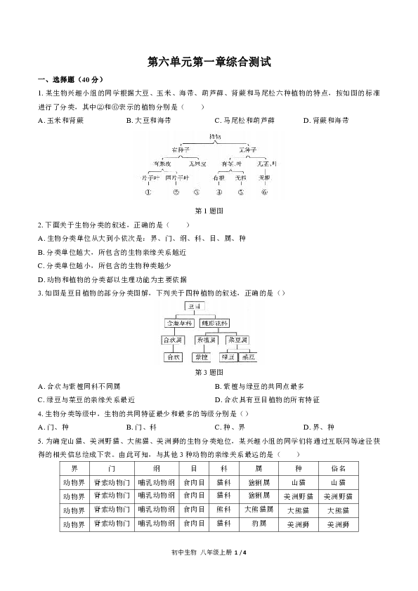 人教版生物八年级上册：第六单元第一章根据生物的特征进行分类综合测试卷（含答案）