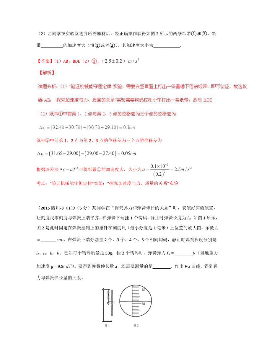 2015年高考物理真题分类汇编：力学实验