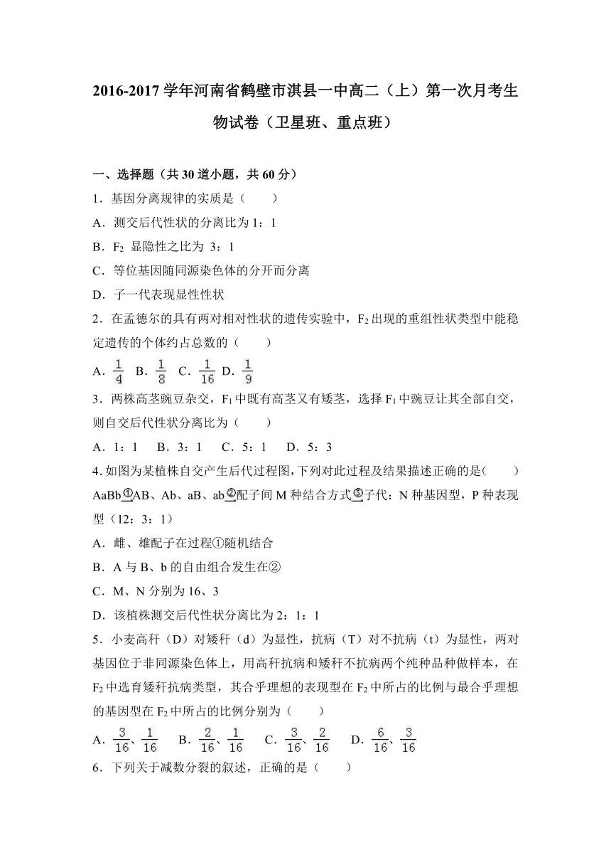 河南省鹤壁市淇县一中2016-2017学年高二（上）第一次月考生物试卷（卫星班、重点班）（解析版）