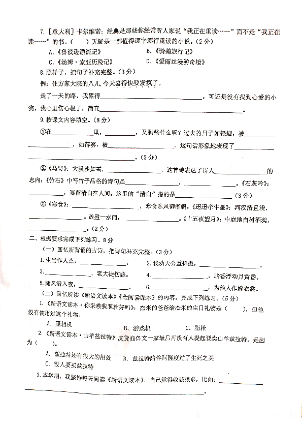 江苏省兴化市大垛中心校2019-2020学年第二学期六年级语文期中检测试卷（扫描版，无答案）