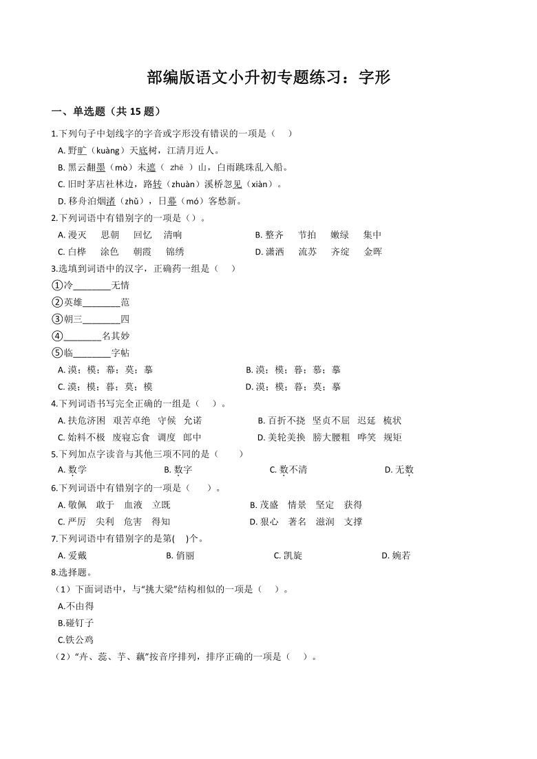 语文小升初专题练习：字形（Word版，含答案）